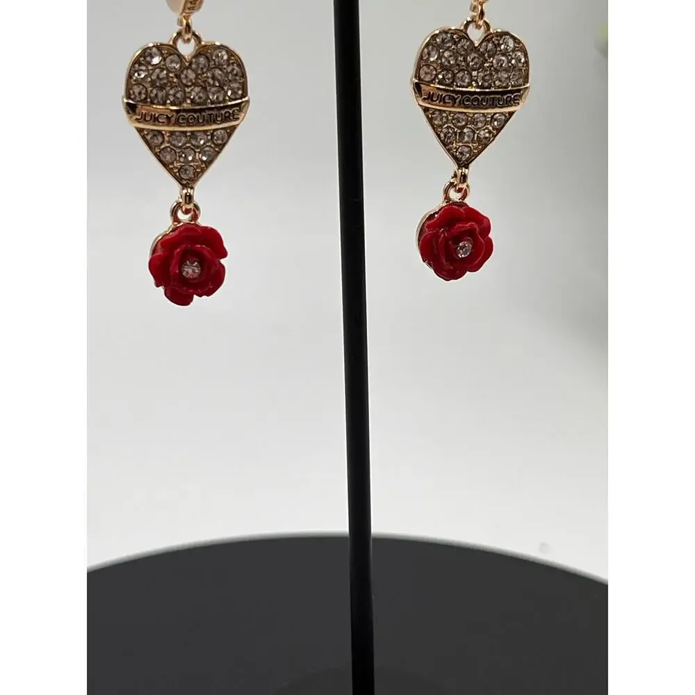 Juicy Couture Gold Hoop‎ Earrings Crystal Pave Heart Red Rose Charm
